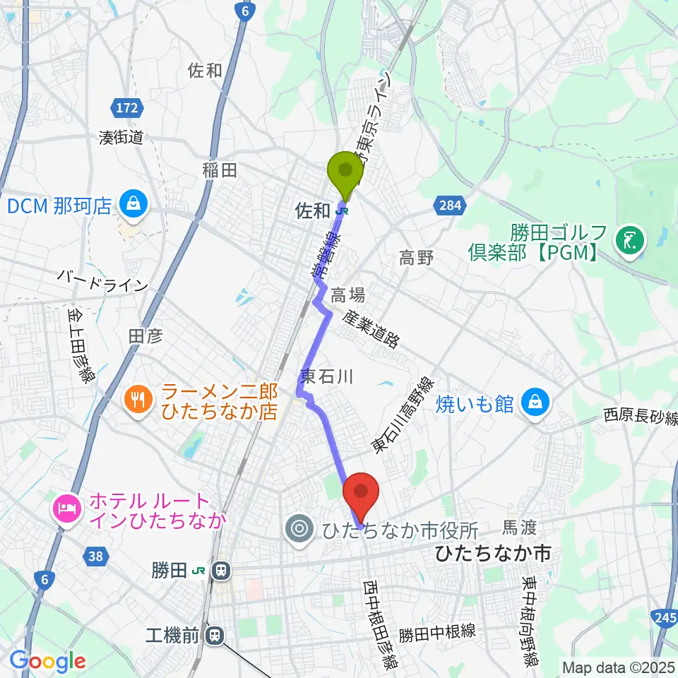 佐和駅からブリックスホールへのルートマップ地図