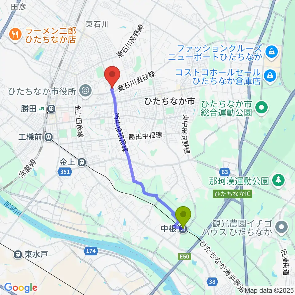 中根駅からブリックスホールへのルートマップ地図