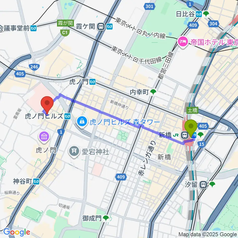 ニッショーホールの最寄駅新橋駅からの徒歩ルート（約3分） MDATA