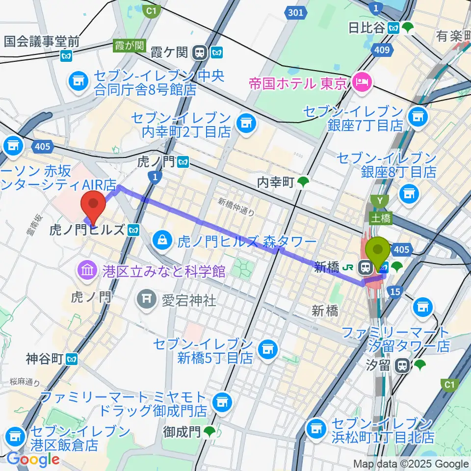 新橋駅からニッショーホールへのルートマップ地図