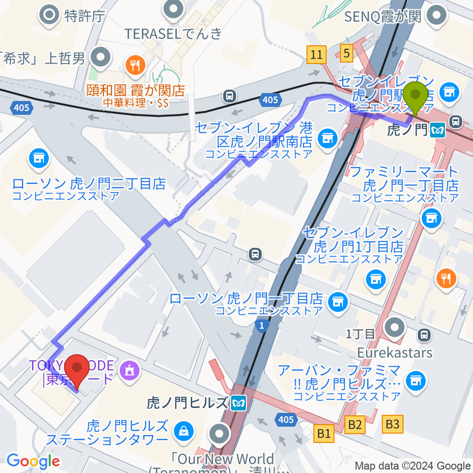 ニッショーホールの最寄駅虎ノ門駅からの徒歩ルート（約7分）地図