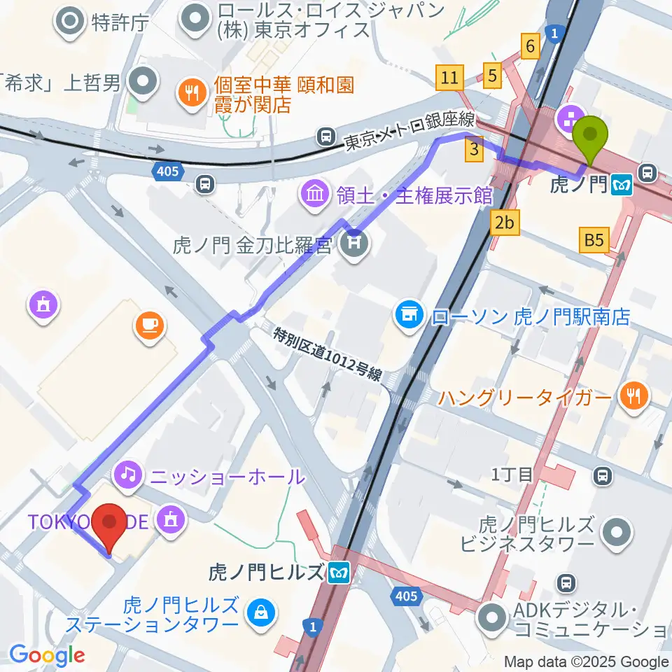 ニッショーホールの最寄駅虎ノ門駅からの徒歩ルート（約7分）地図