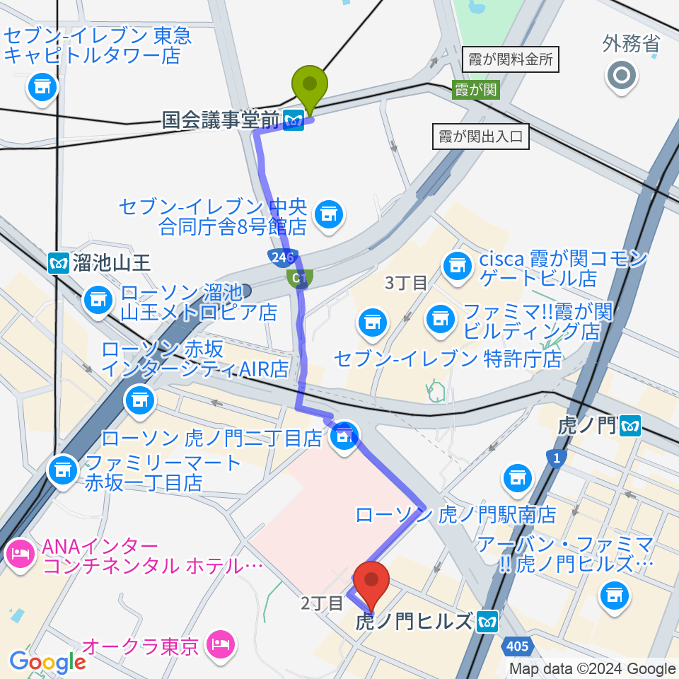 国会議事堂前駅からニッショーホールへのルートマップ地図