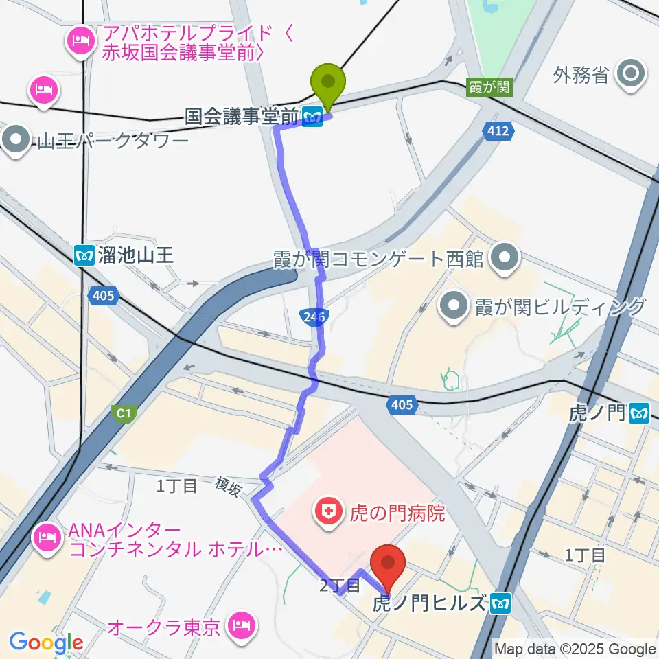 国会議事堂前駅からニッショーホールへのルートマップ地図