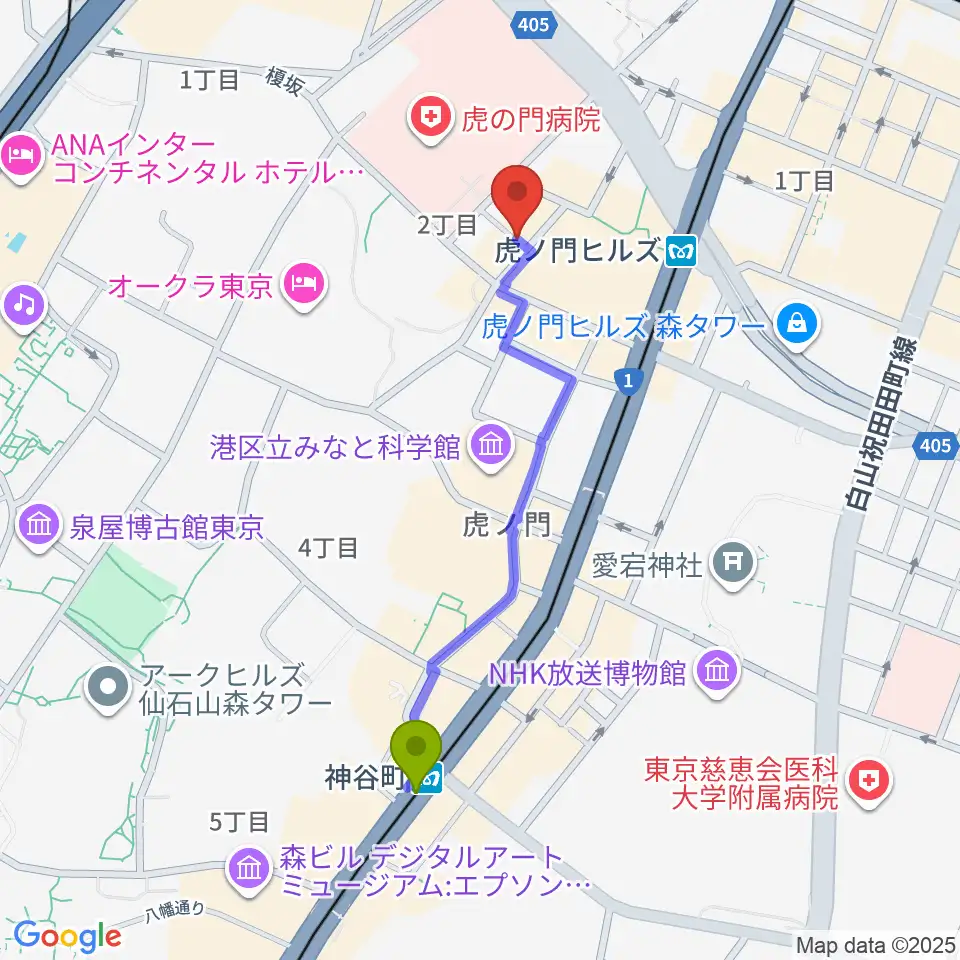 神谷町駅からニッショーホールへのルートマップ地図