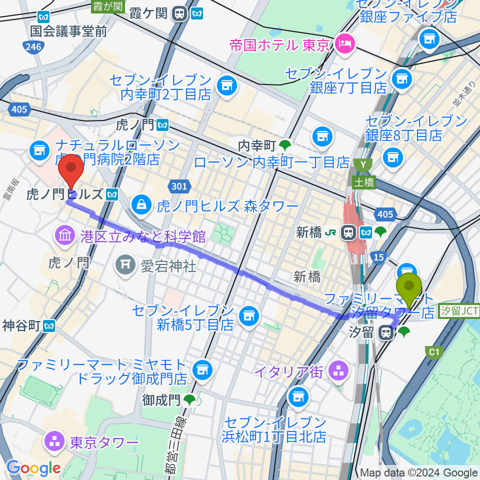 汐留駅からニッショーホールへのルートマップ地図