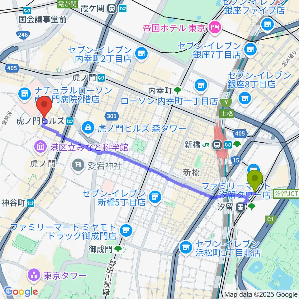 汐留駅からニッショーホールへのルートマップ地図