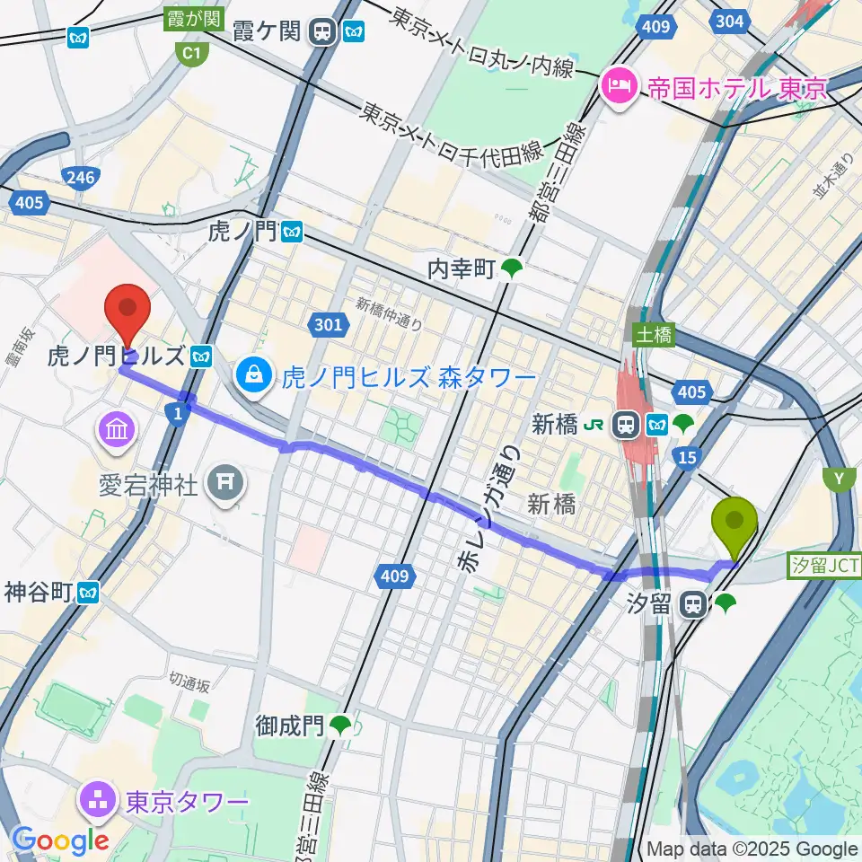 汐留駅からニッショーホールへのルートマップ地図