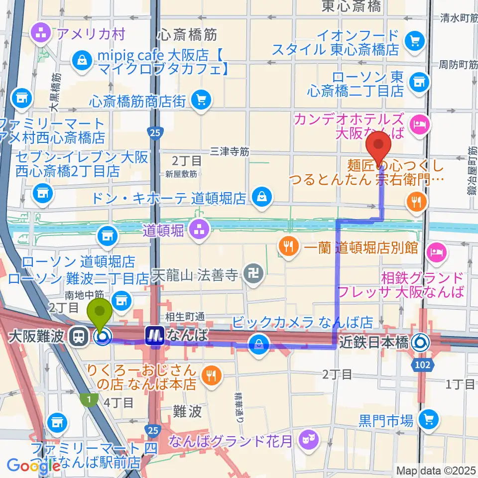 大阪難波駅からロフトプラスワン・ウエストへのルートマップ地図