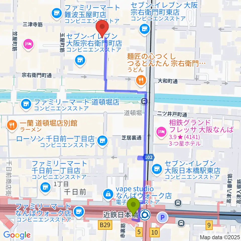 ロフトプラスワン・ウエストの最寄駅近鉄日本橋駅からの徒歩ルート（約6分）地図