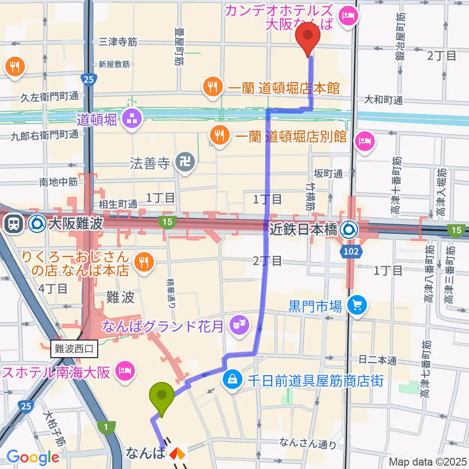 難波駅からロフトプラスワン・ウエストへのルートマップ地図