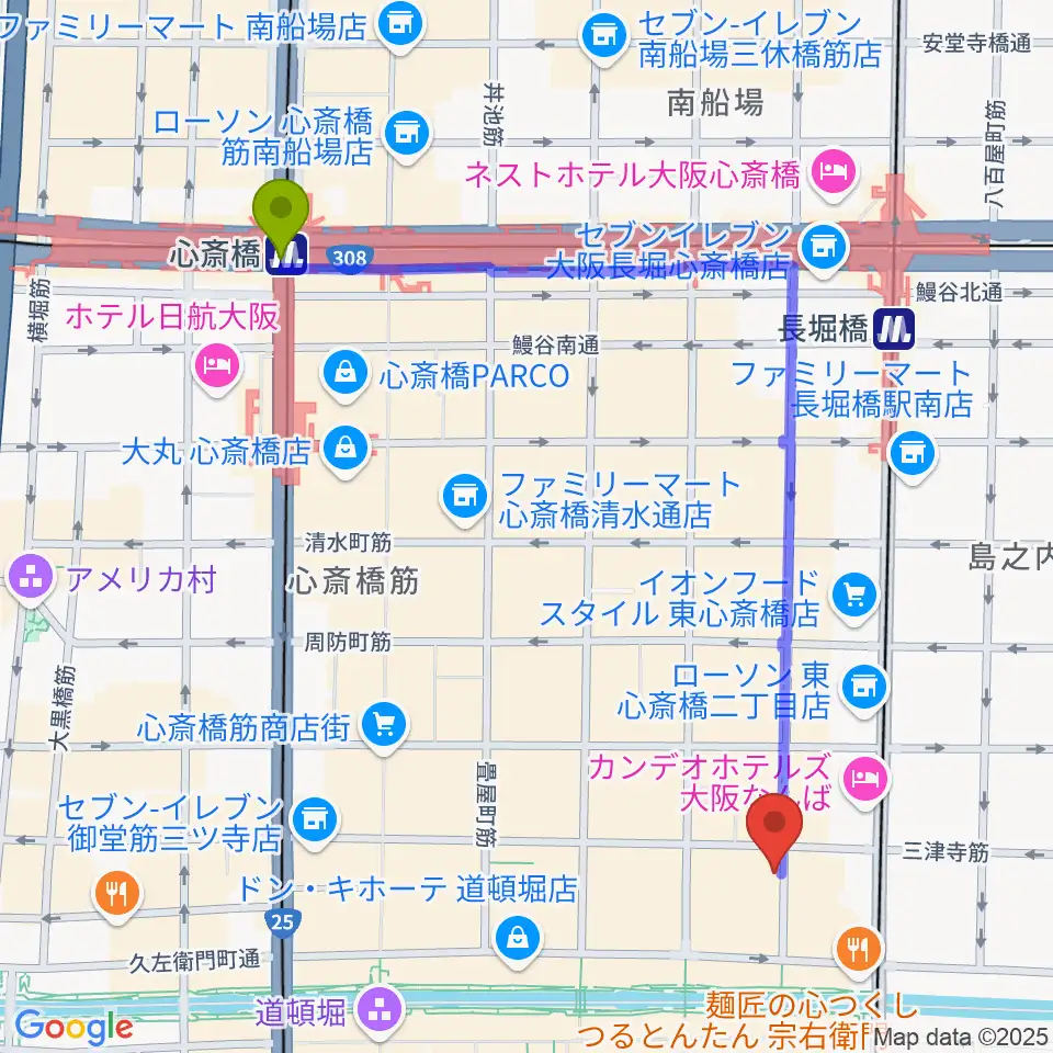心斎橋駅からロフトプラスワン・ウエストへのルートマップ地図