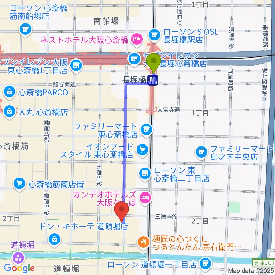 長堀橋駅からロフトプラスワン・ウエストへのルートマップ地図