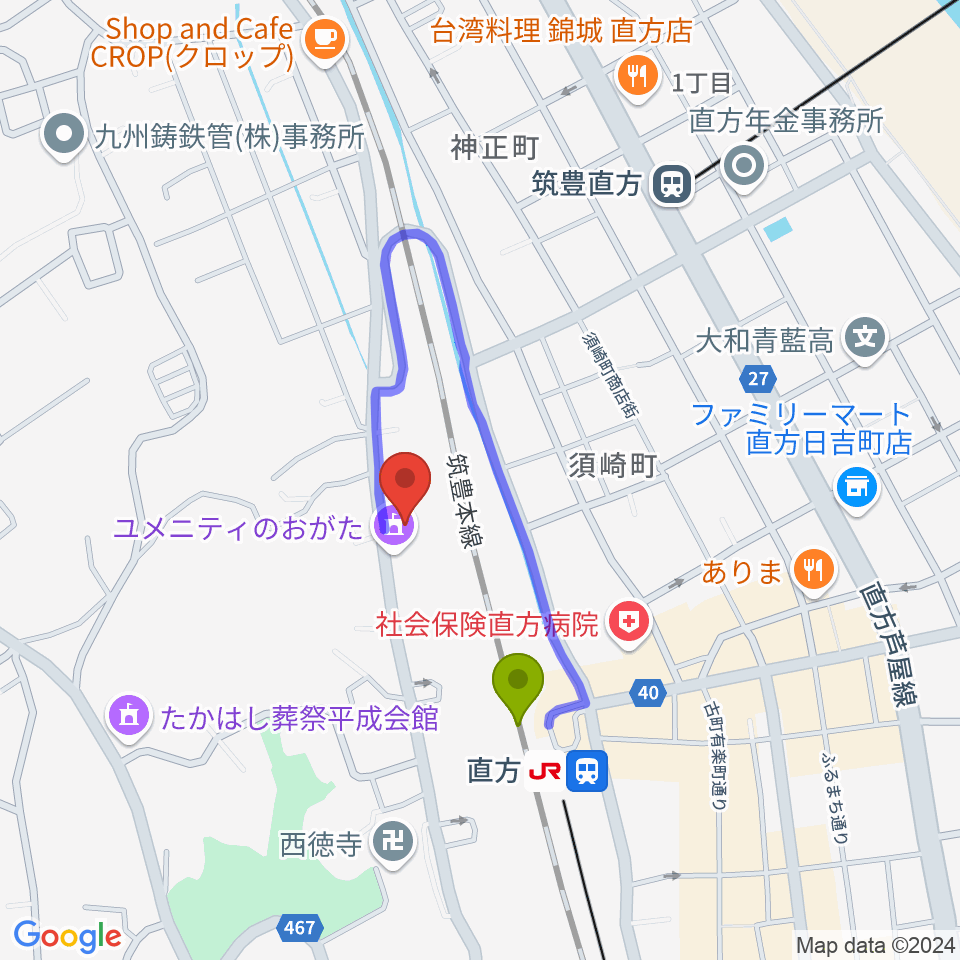 ユメニティのおがたの最寄駅直方駅からの徒歩ルート（約4分）地図