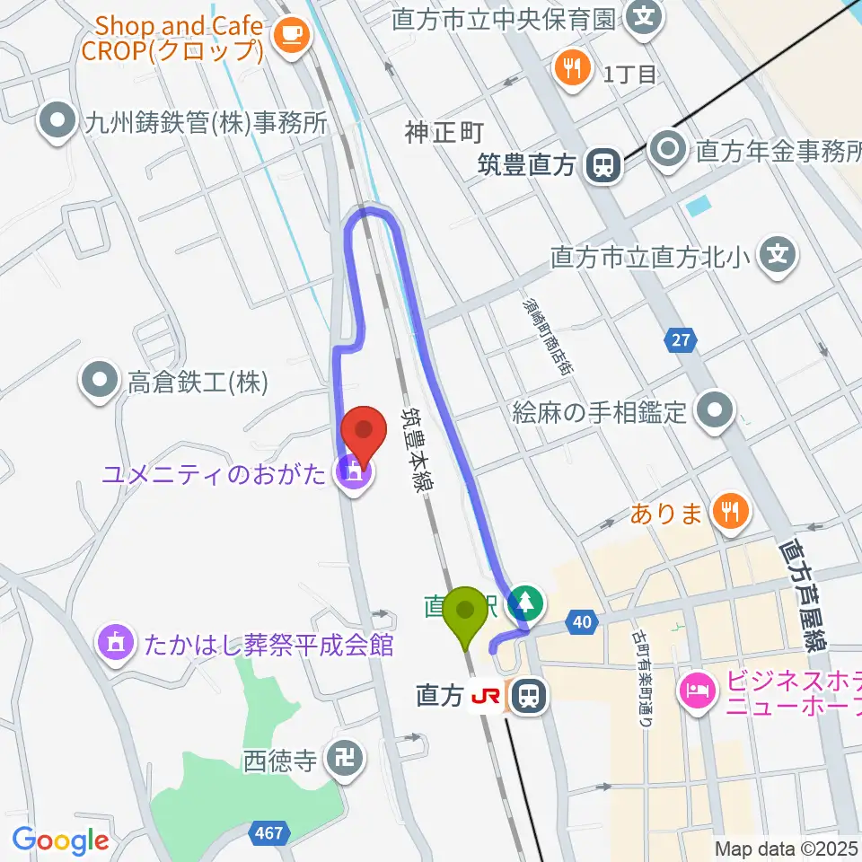 ユメニティのおがたの最寄駅直方駅からの徒歩ルート（約4分）地図
