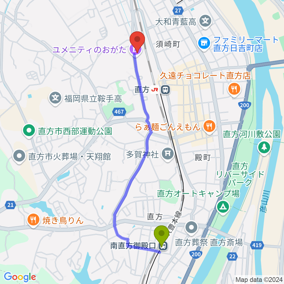 南直方御殿口駅からユメニティのおがたへのルートマップ地図