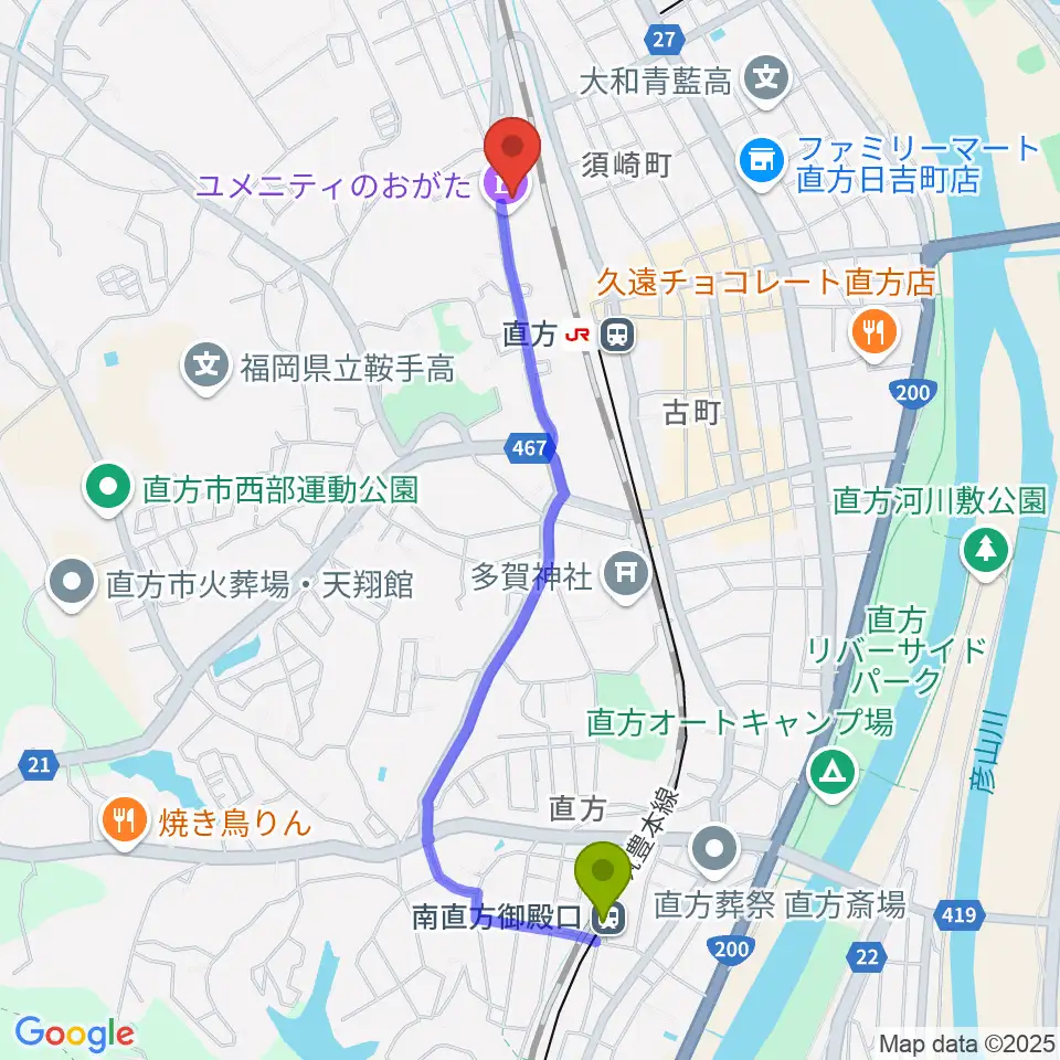 南直方御殿口駅からユメニティのおがたへのルートマップ地図