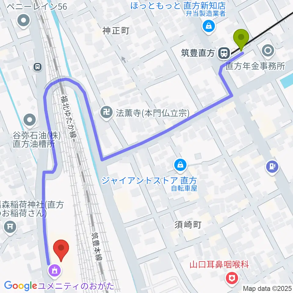 筑豊直方駅からユメニティのおがたへのルートマップ地図