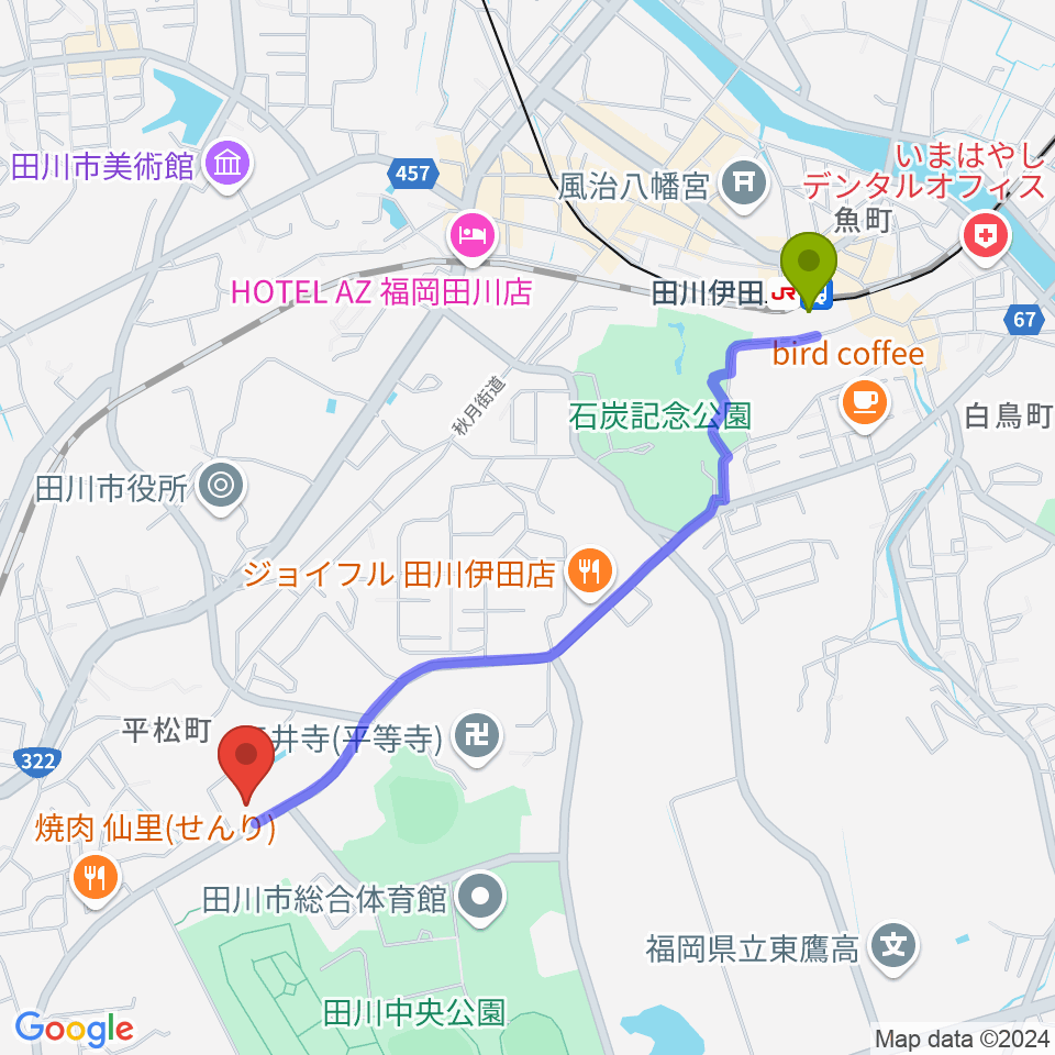 田川伊田駅から田川文化センターへのルートマップ地図