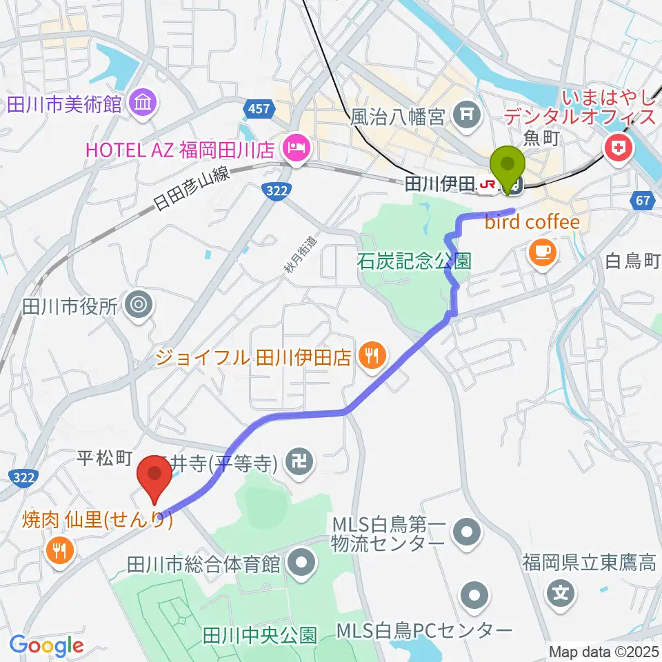 田川伊田駅から田川文化センターへのルートマップ地図