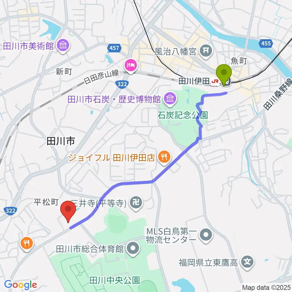 田川伊田駅から田川文化センターへのルートマップ地図