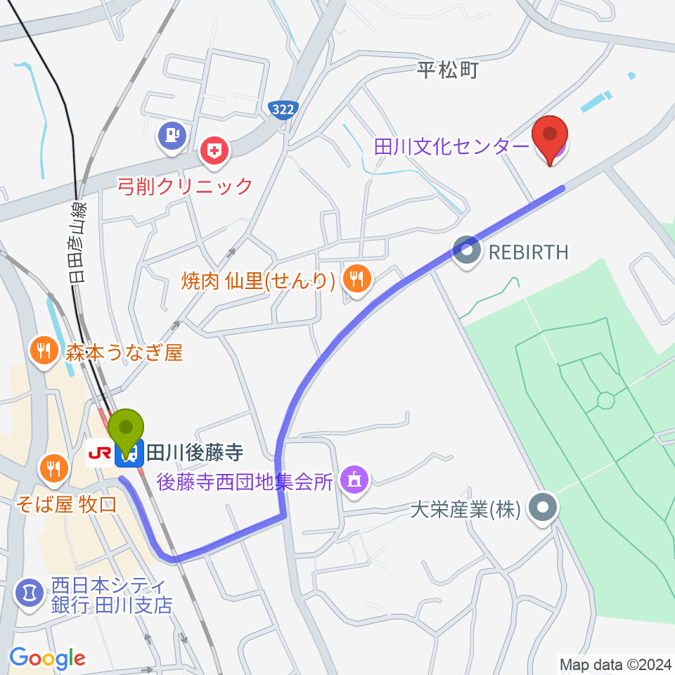 田川文化センターの最寄駅田川後藤寺駅からの徒歩ルート（約12分）地図