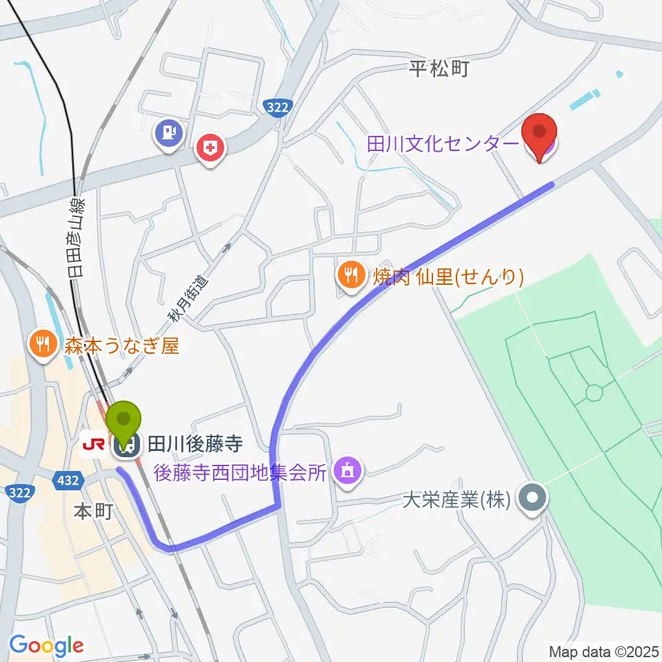 田川文化センターの最寄駅田川後藤寺駅からの徒歩ルート（約12分）地図
