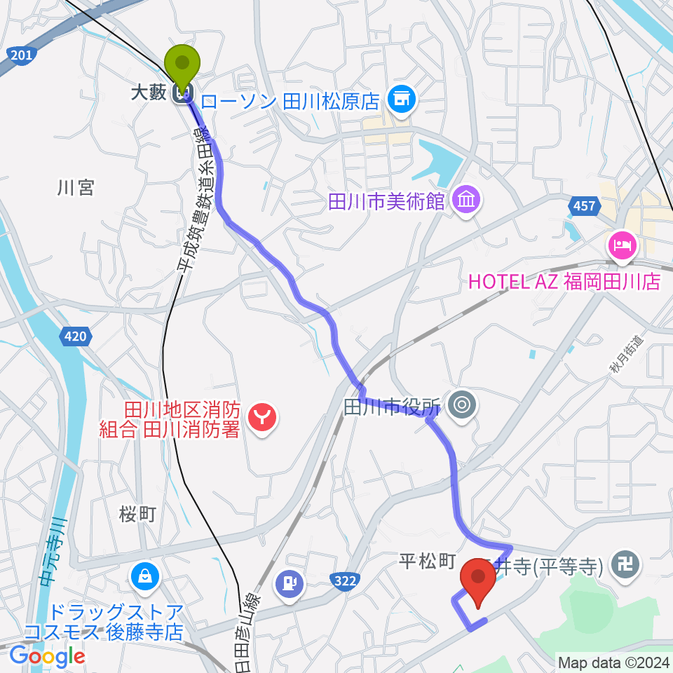 大藪駅から田川文化センターへのルートマップ地図