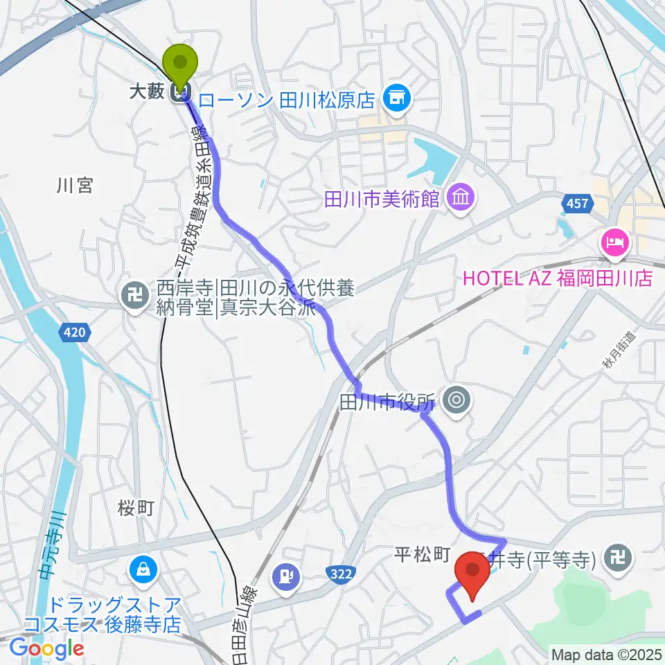 大藪駅から田川文化センターへのルートマップ地図