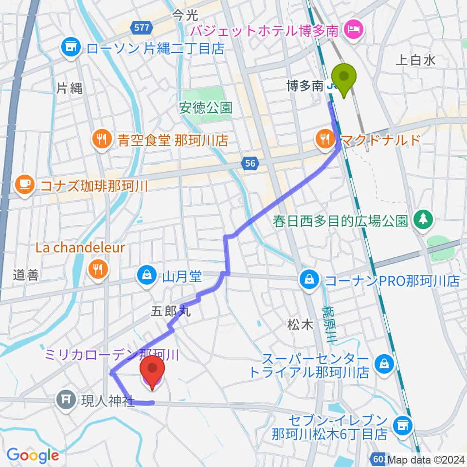 ミリカローデン那珂川の最寄駅博多南駅からの徒歩ルート（約24分）地図