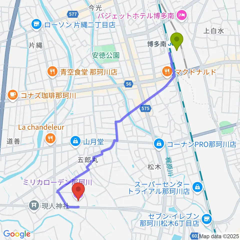 ミリカローデン那珂川の最寄駅博多南駅からの徒歩ルート（約24分）地図