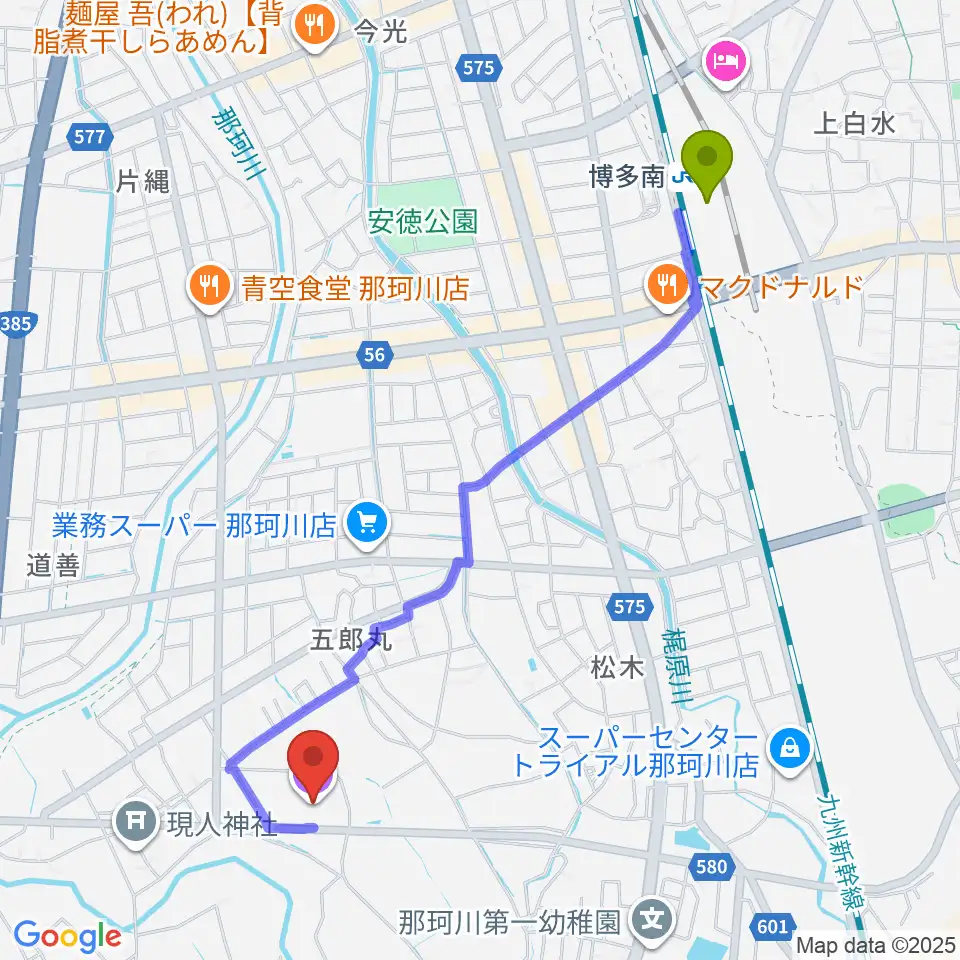 ミリカローデン那珂川の最寄駅博多南駅からの徒歩ルート（約24分）地図