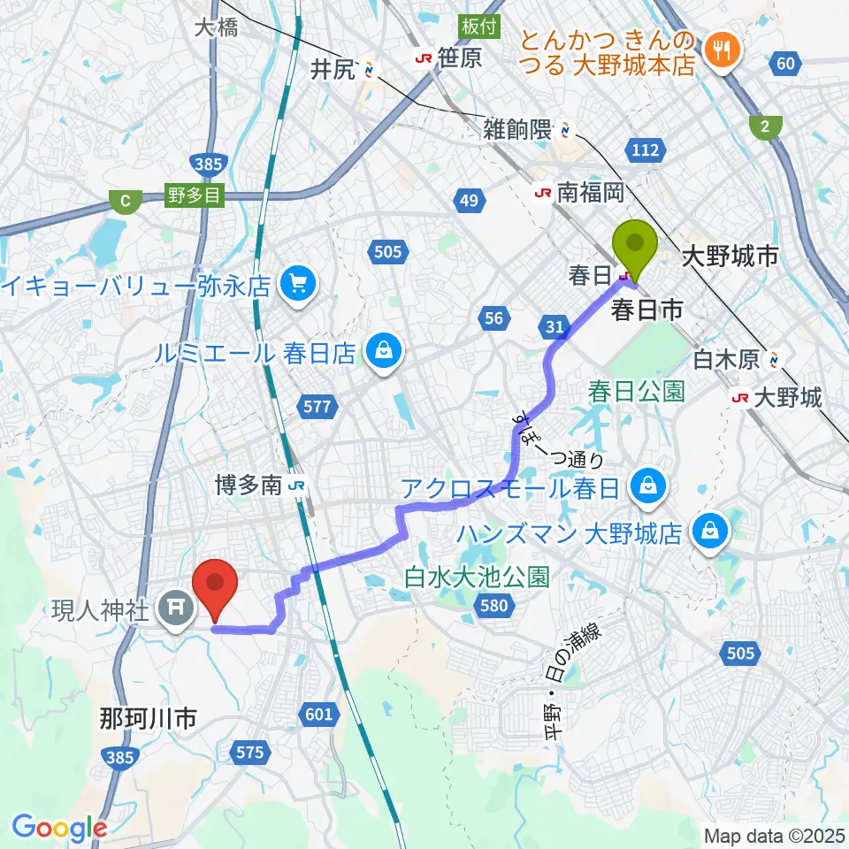 春日駅からミリカローデン那珂川へのルートマップ地図
