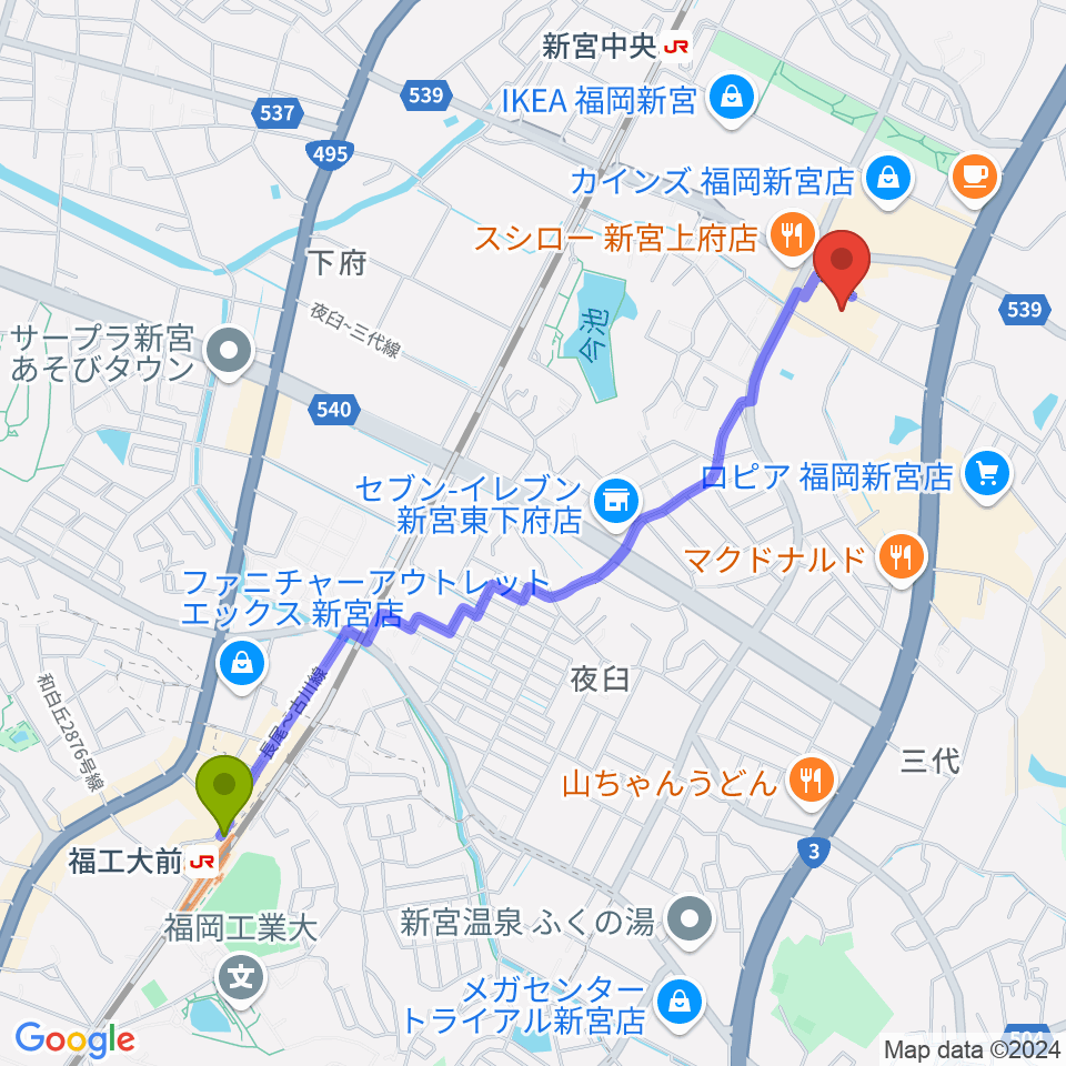 福工大前駅からそぴあしんぐうへのルートマップ地図