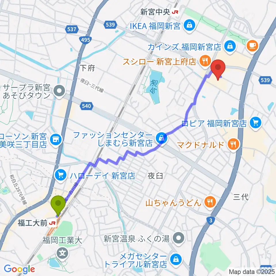福工大前駅からそぴあしんぐうへのルートマップ地図