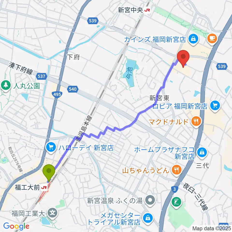 福工大前駅からそぴあしんぐうへのルートマップ地図