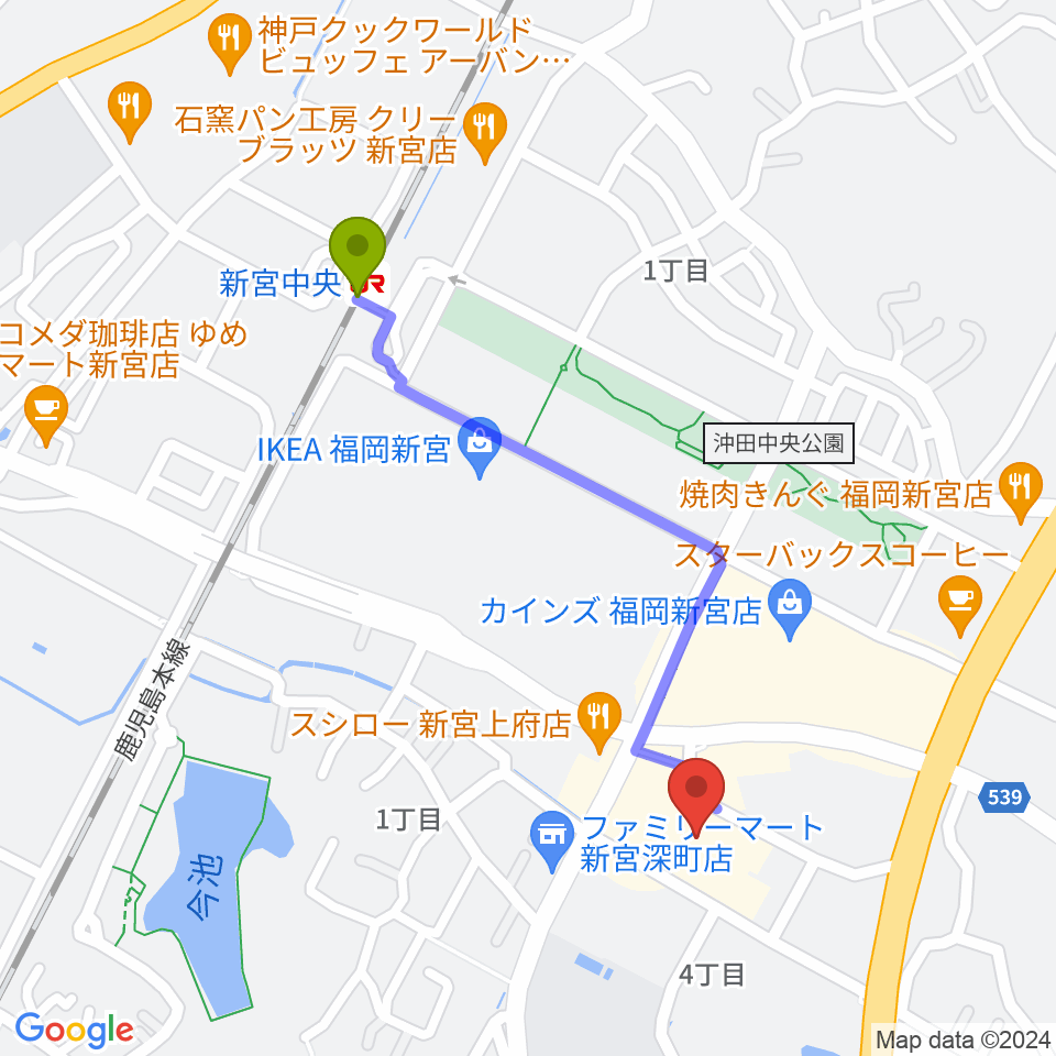 そぴあしんぐうの最寄駅新宮中央駅からの徒歩ルート（約10分）地図