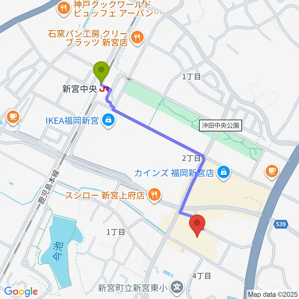 そぴあしんぐうの最寄駅新宮中央駅からの徒歩ルート（約10分）地図