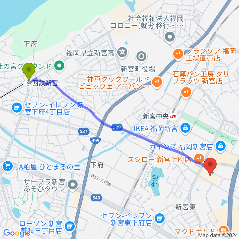 西鉄新宮駅からそぴあしんぐうへのルートマップ地図