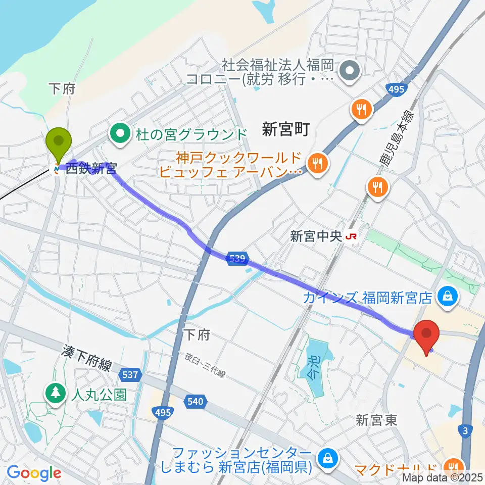 西鉄新宮駅からそぴあしんぐうへのルートマップ地図
