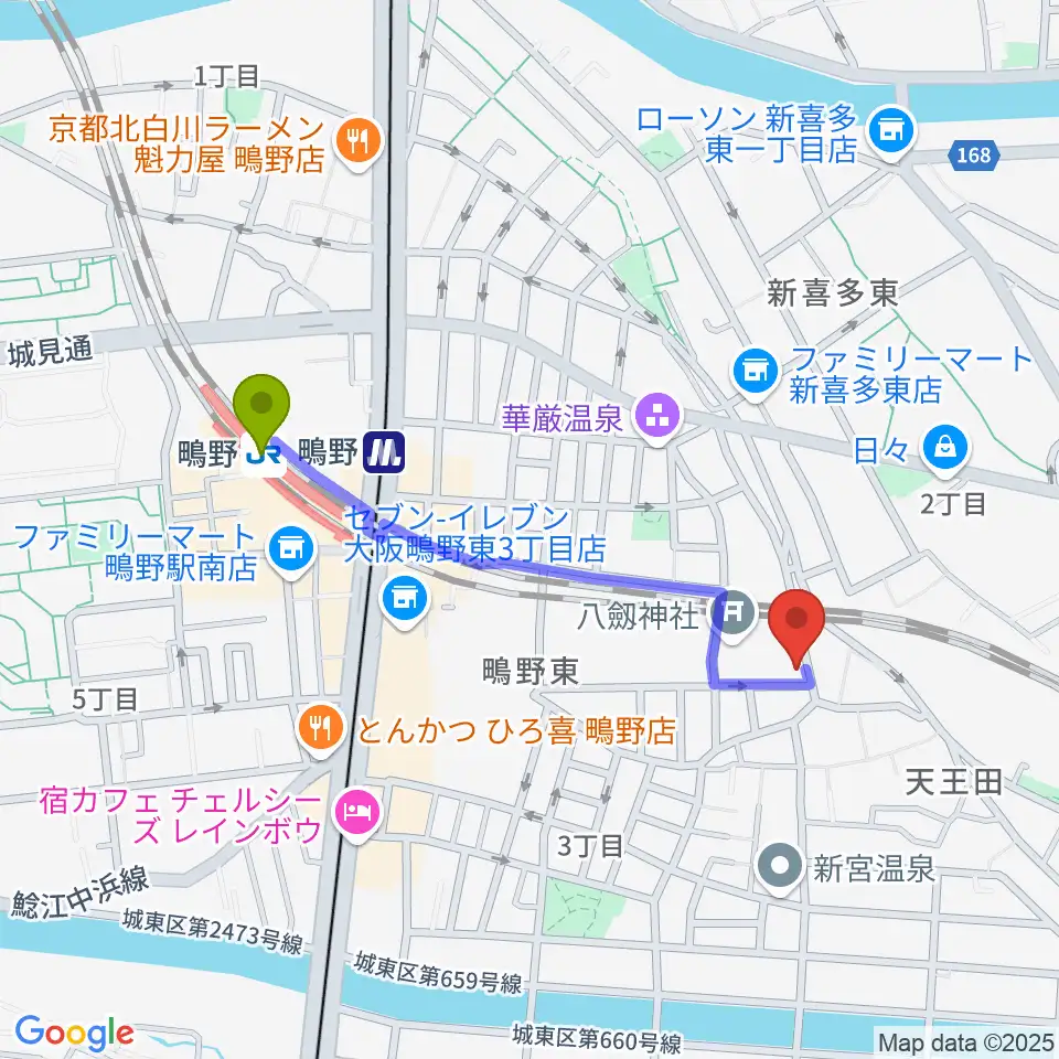 カワセドラムスクールの最寄駅鴫野駅からの徒歩ルート（約9分）地図