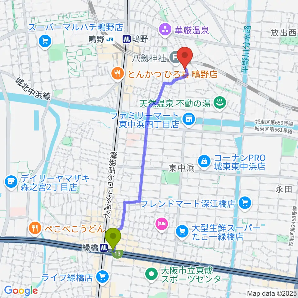 緑橋駅からカワセドラムスクールへのルートマップ地図