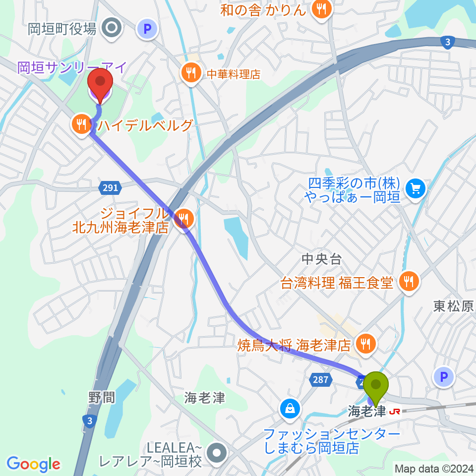 岡垣サンリーアイの最寄駅海老津駅からの徒歩ルート（約27分）地図