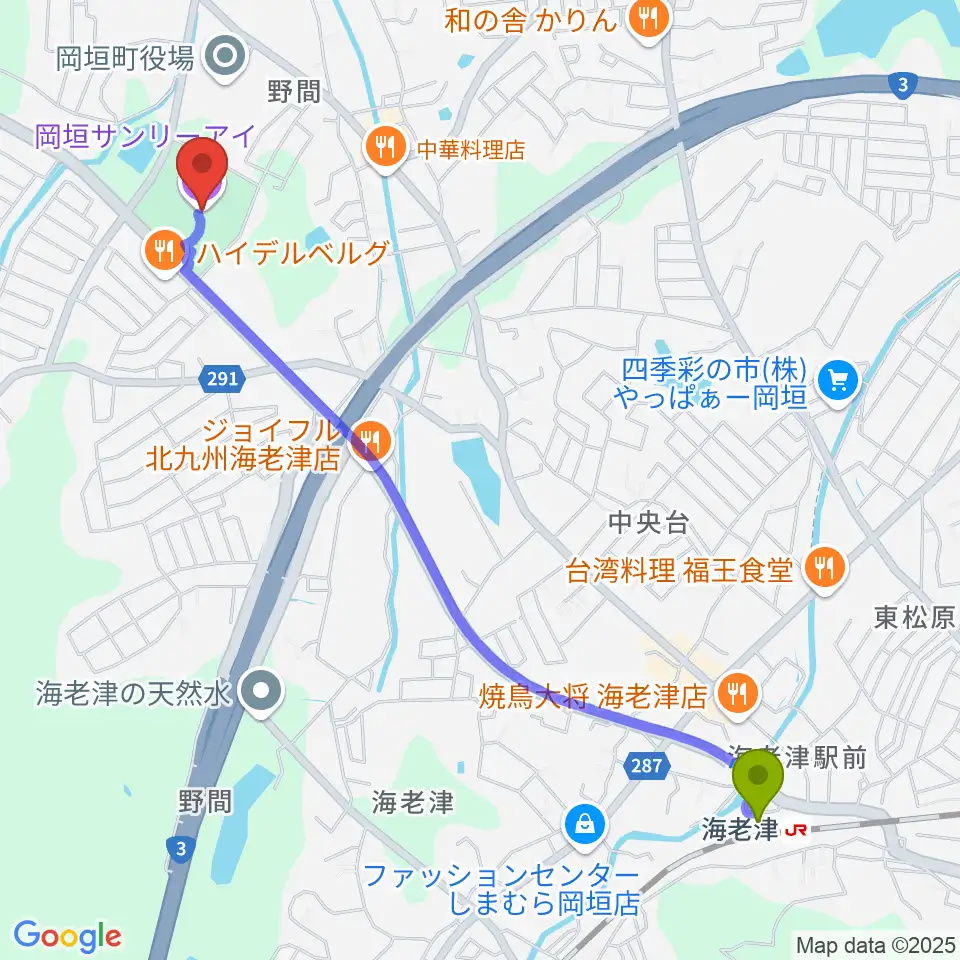 岡垣サンリーアイの最寄駅海老津駅からの徒歩ルート（約27分）地図