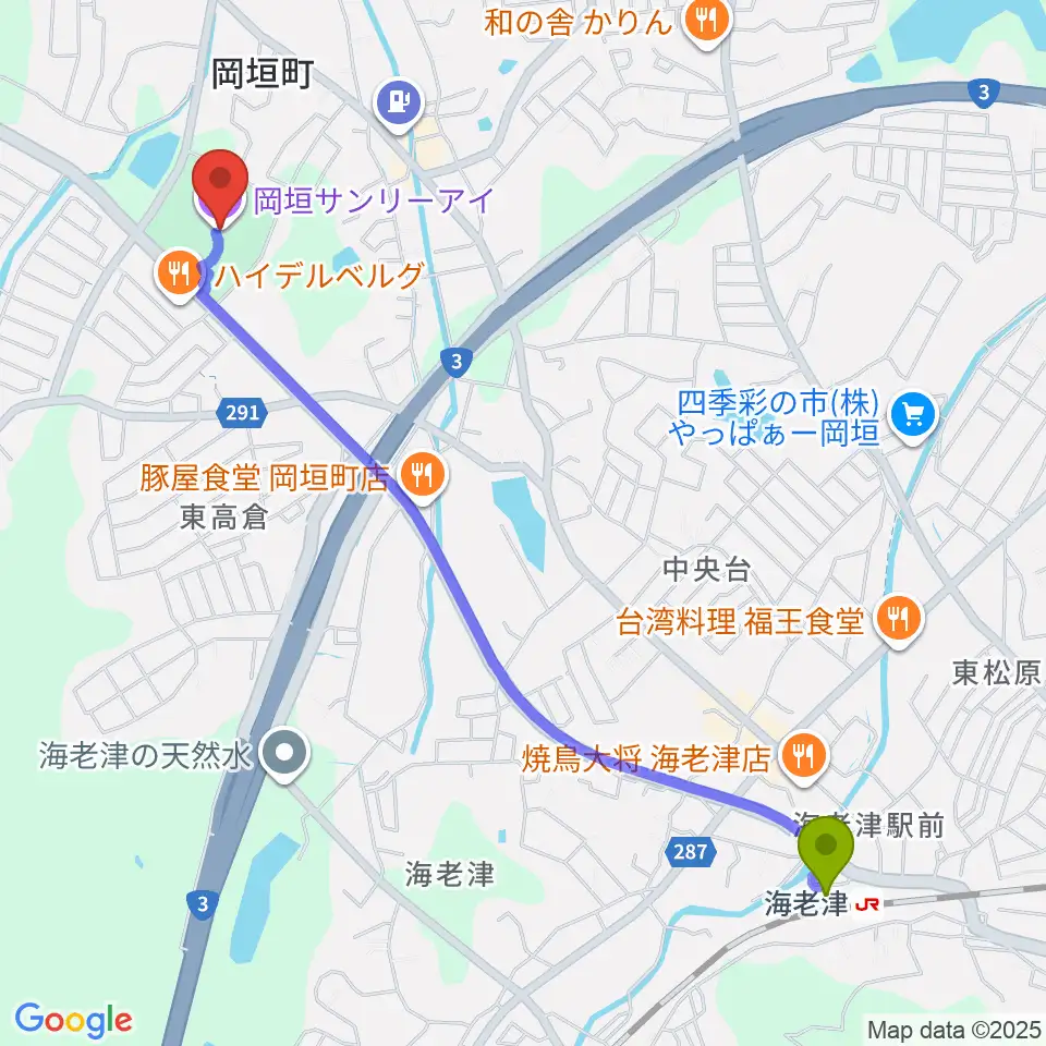 岡垣サンリーアイの最寄駅海老津駅からの徒歩ルート（約27分）地図