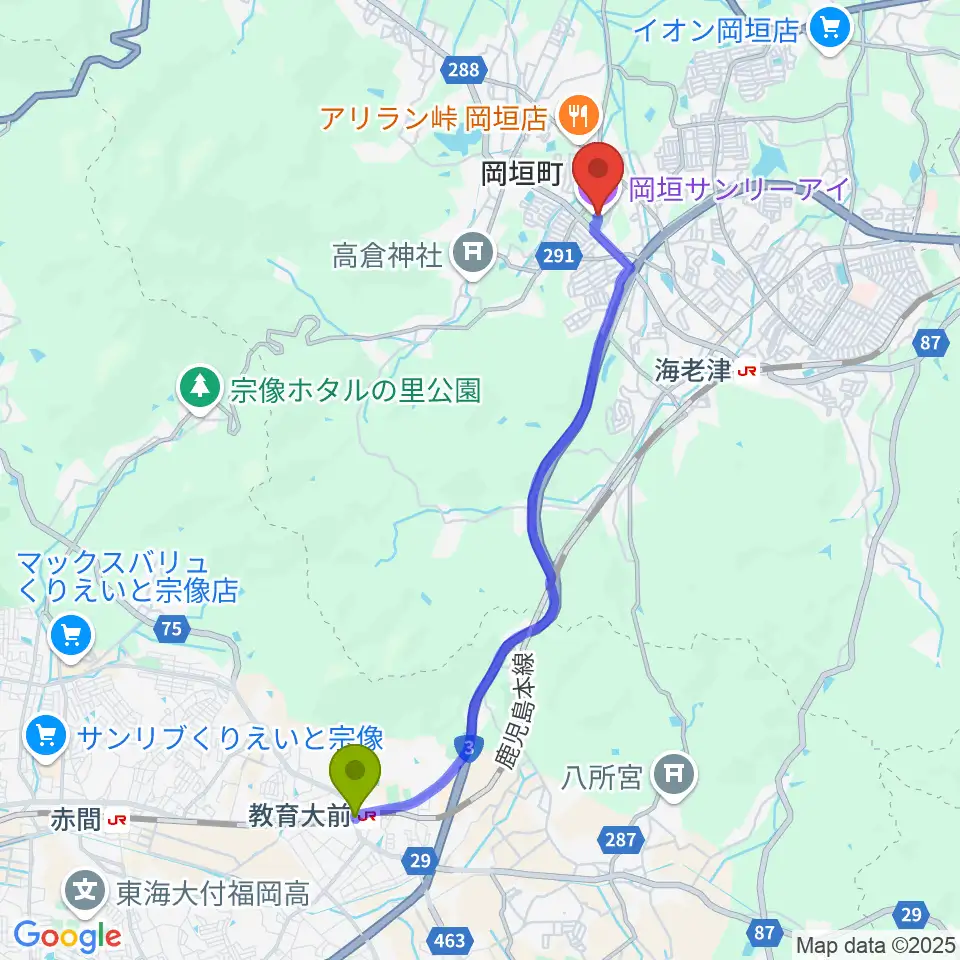 教育大前駅から岡垣サンリーアイへのルートマップ地図