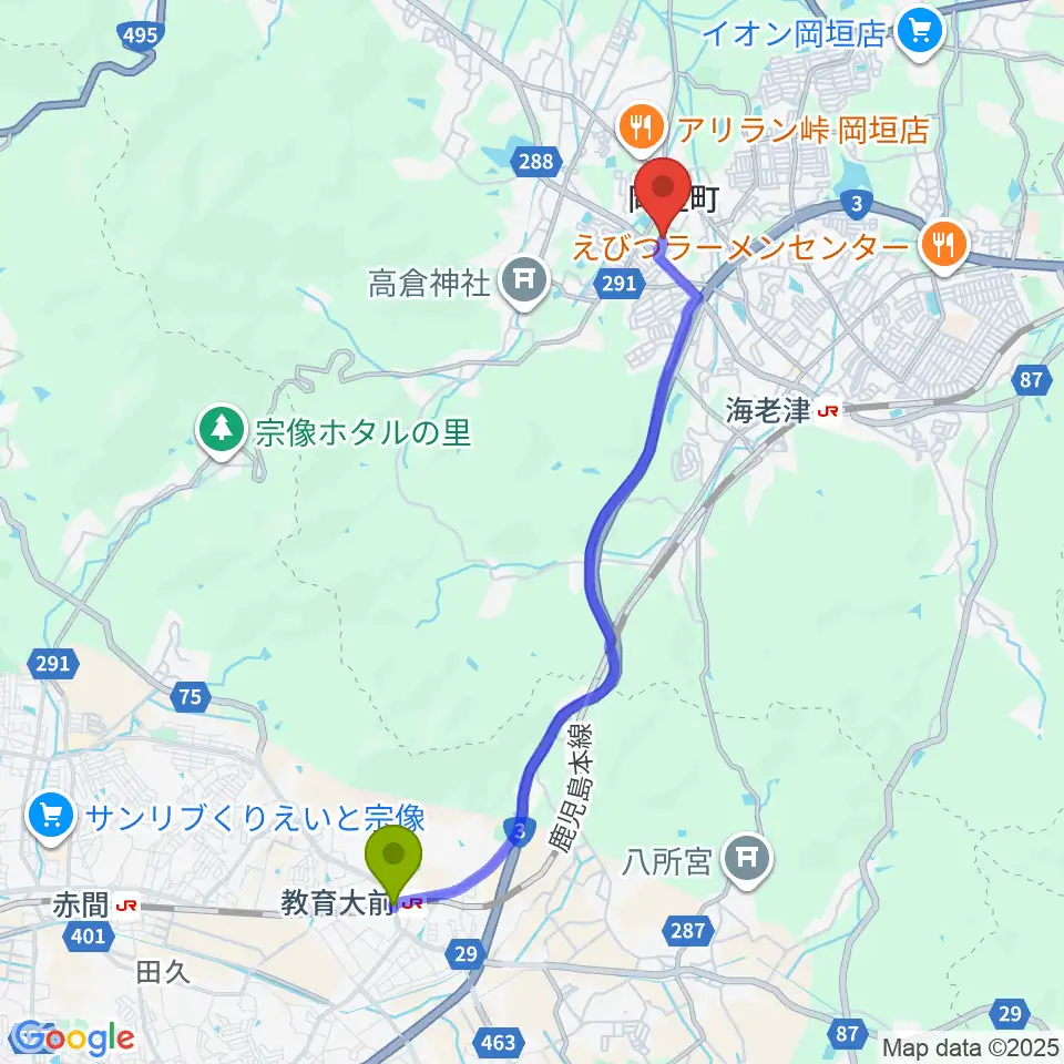 教育大前駅から岡垣サンリーアイへのルートマップ地図