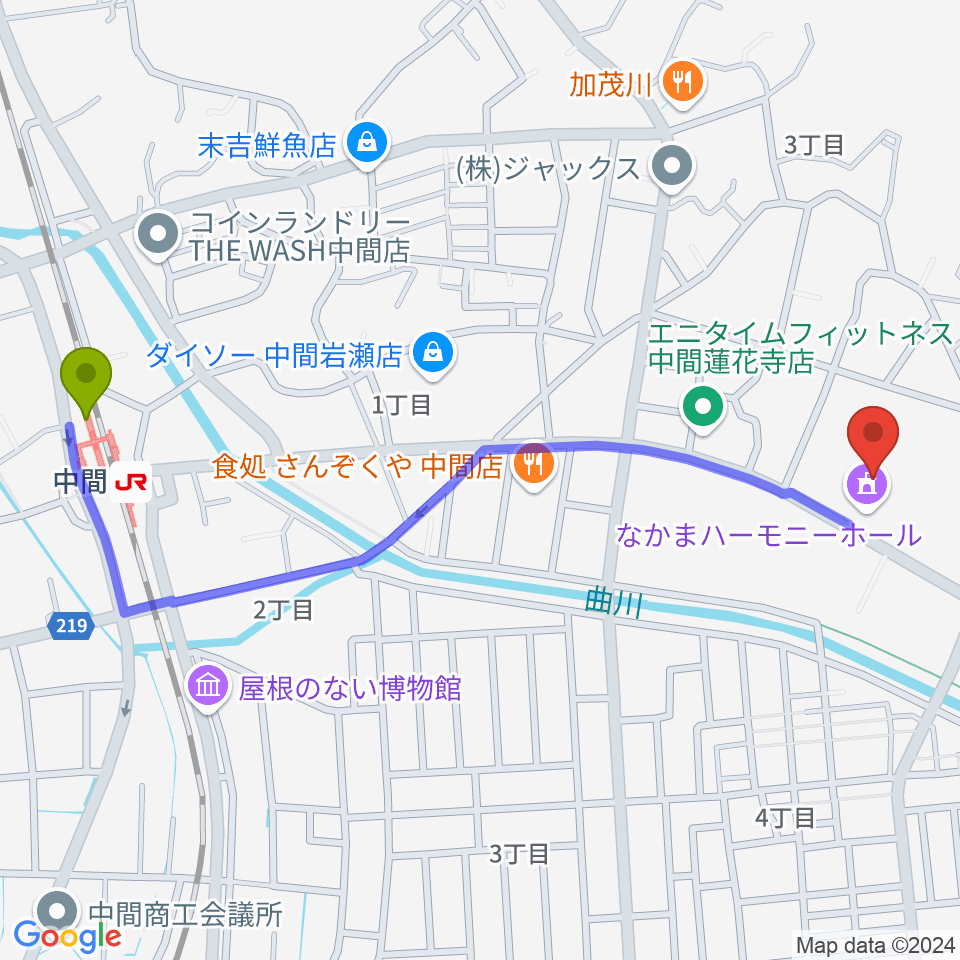 なかまハーモニーホールの最寄駅中間駅からの徒歩ルート（約13分）地図