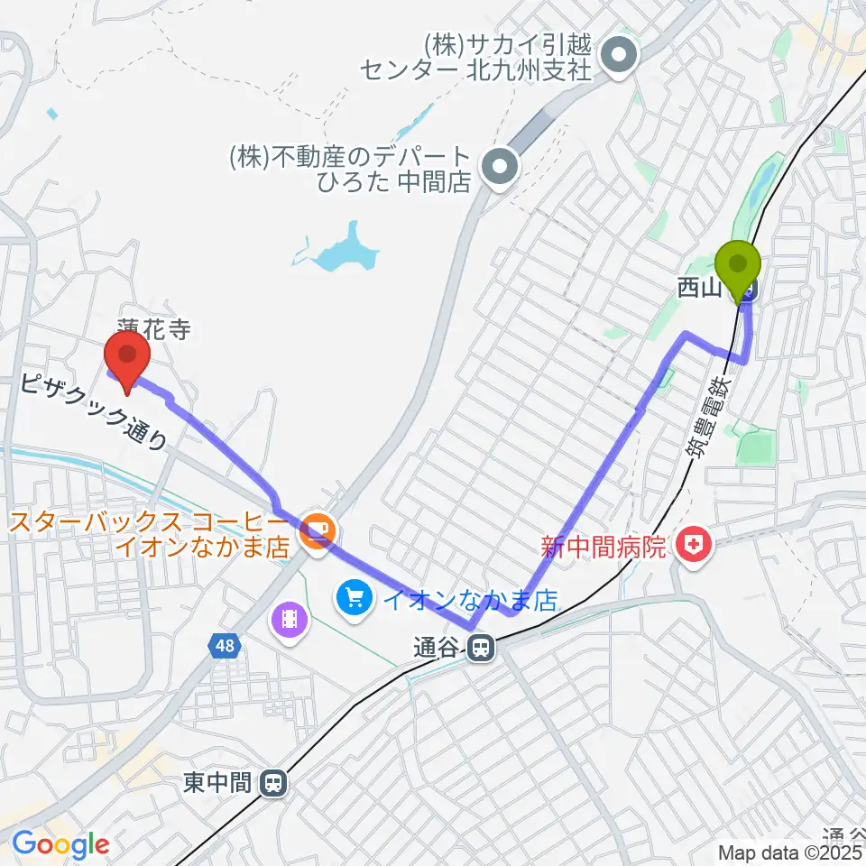 西山駅からなかまハーモニーホールへのルートマップ地図