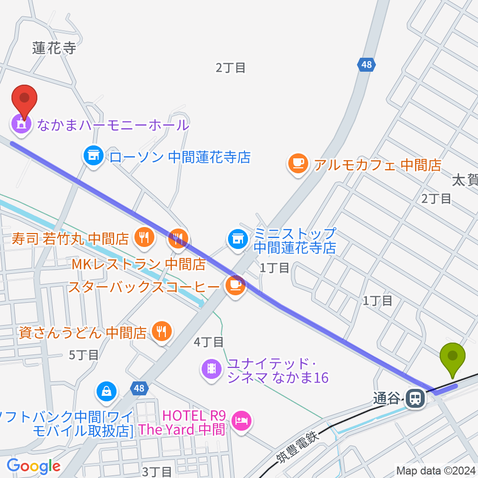 通谷駅からなかまハーモニーホールへのルートマップ地図